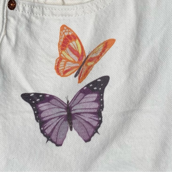 Levi 501 Denim Shorts 24” Cream Butterfly 🦋 Print High Rise Button Raw Edge - Picture 4 of 13